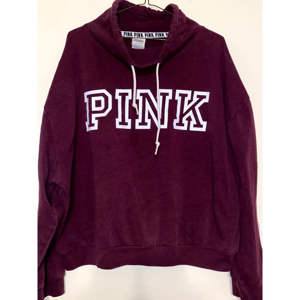 VS PINK Victoria's Secret Maroon Funnel‎ Neck Logo Oversized Sweatshirt Sz Large